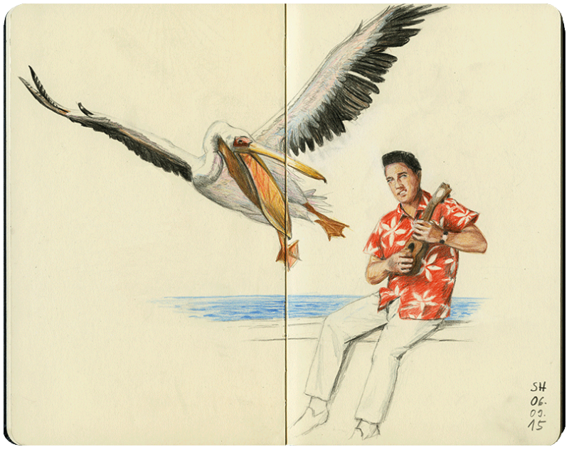 Elvis mit einem Pelikan