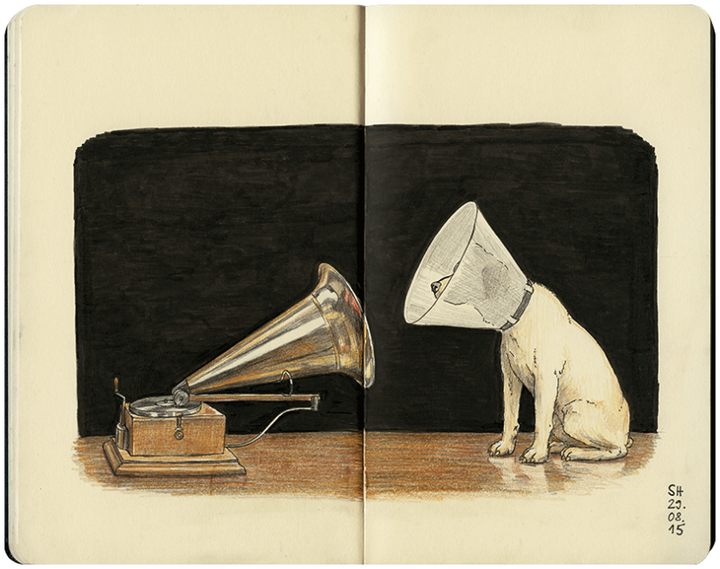 Hund mit Trichter vor altem Grammophon sitzend