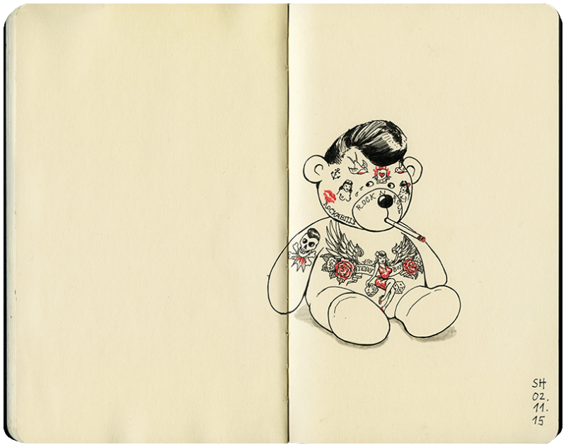 tätowierter Teddybär mit Schmachtlocke