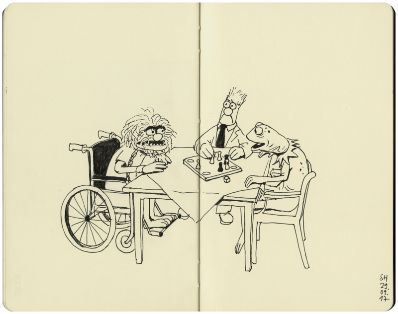 Kermit, Beaker und Animal zusammen am Tisch